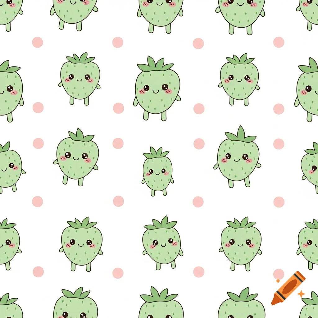Seamless pattern of cute pastel green kawaii strawberries with faces and tiny limbs on a white background with scattered pink dots.