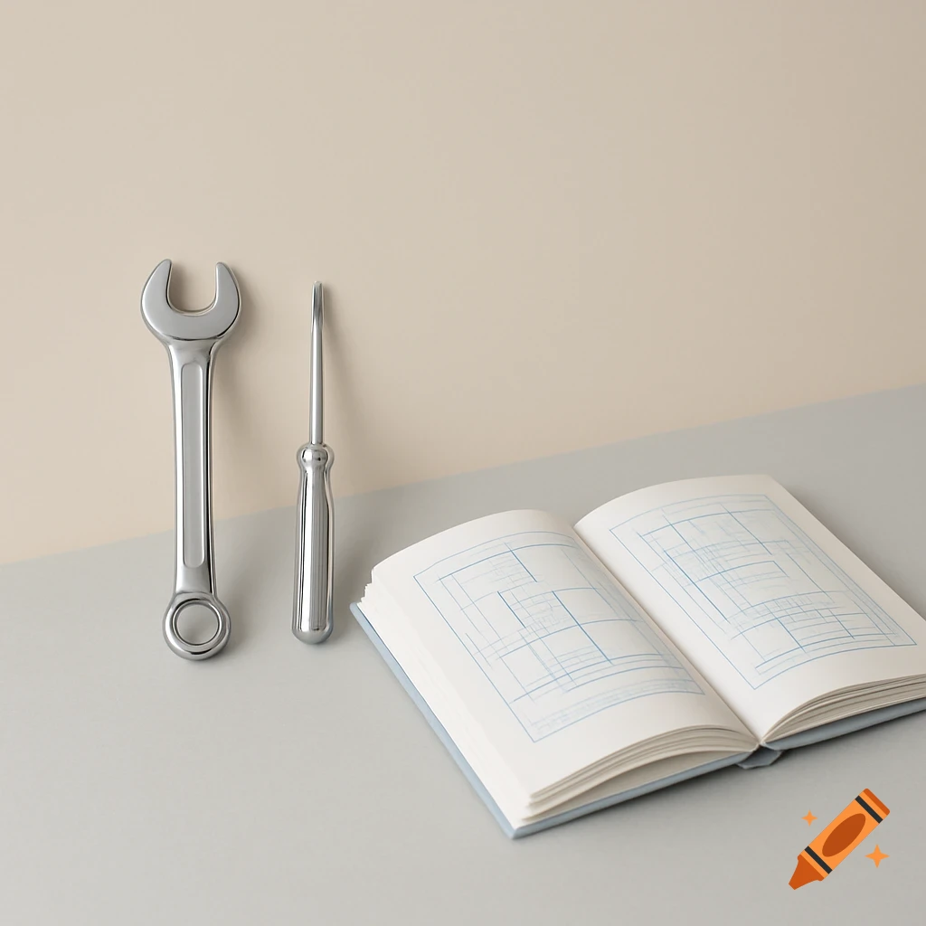 A silver wrench, screwdriver, and open book with blueprints on a grey and beige minimalist background.