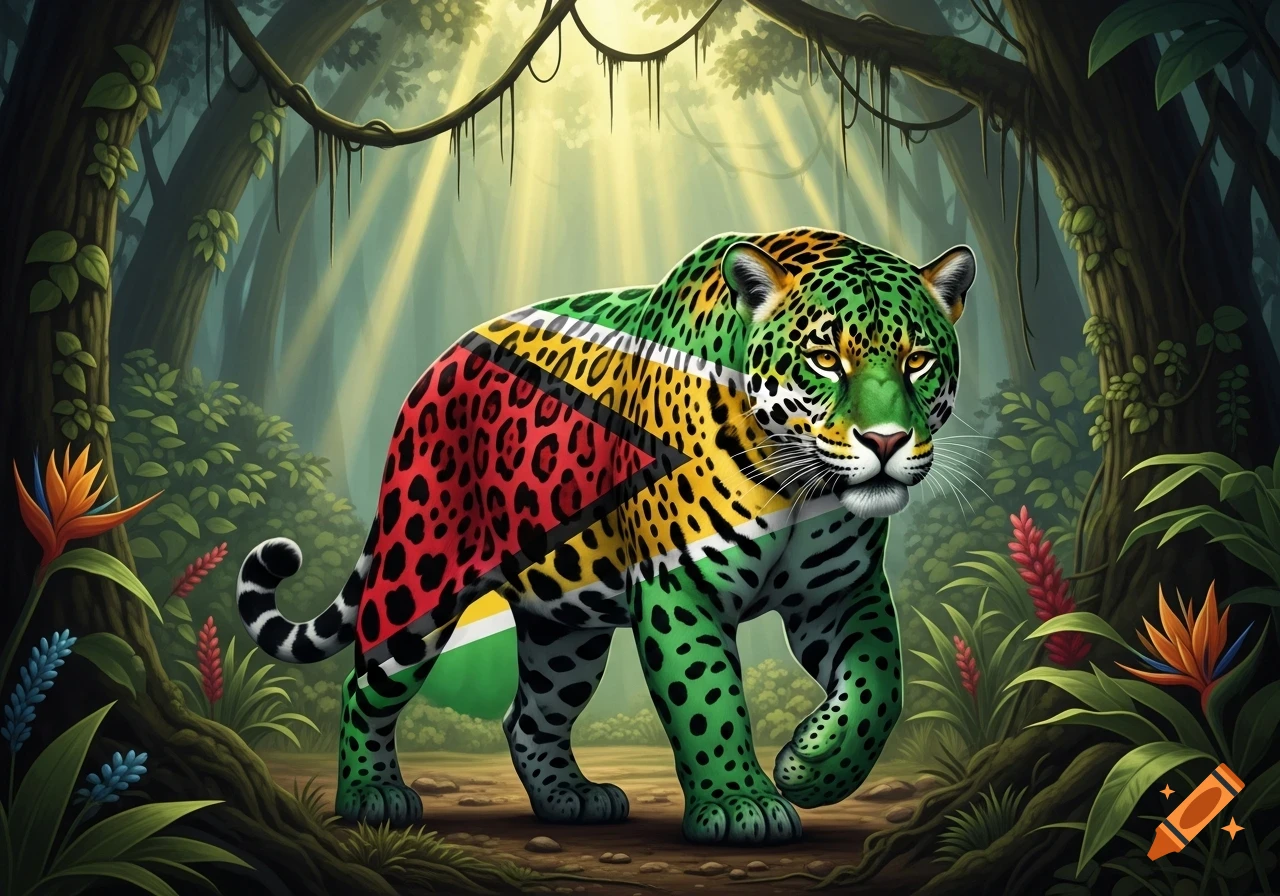 A majestic jaguar with its fur patterned like the flag of Guyana, standing in a vibrant, sunlit jungle.