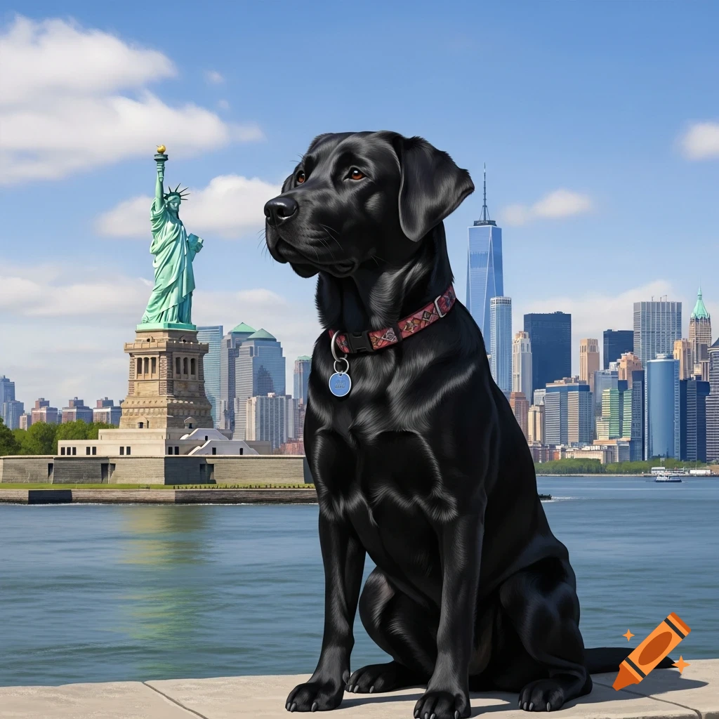 A black Labrador sits on a concrete ledge, looking right, with the Statue of Liberty and the New York City skyline across the water under a blue sky.