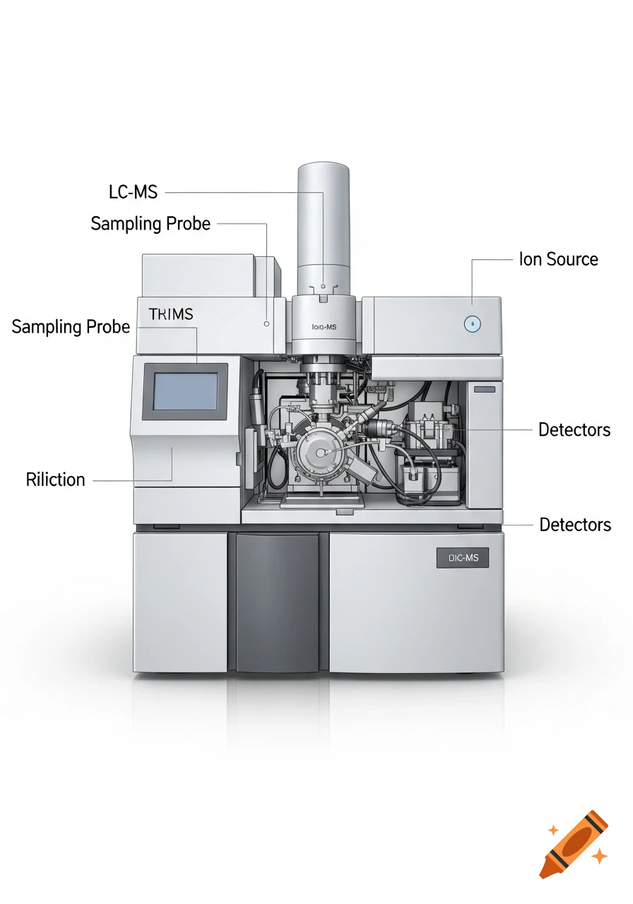 A detailed clipart diagram of a white LC-MS scientific instrument with various parts labeled.