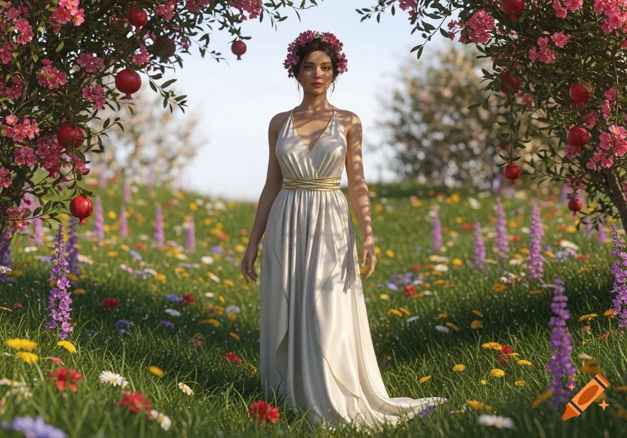 A photorealistic woman in a flowing white gown with a flower crown stands in a vibrant meadow with pomegranate trees.