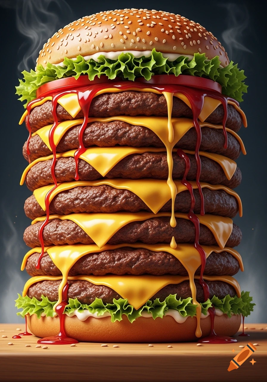 A photorealistic, massive burger stacked with many meat patties, melting cheese, lettuce, tomato, and dripping ketchup and cheese sauce.
