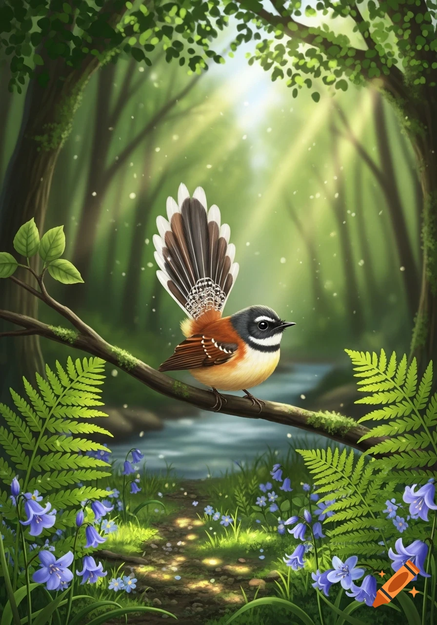 A colorful fantail bird perches on a mossy branch in a sunlit forest with a stream and blue bellflowers.