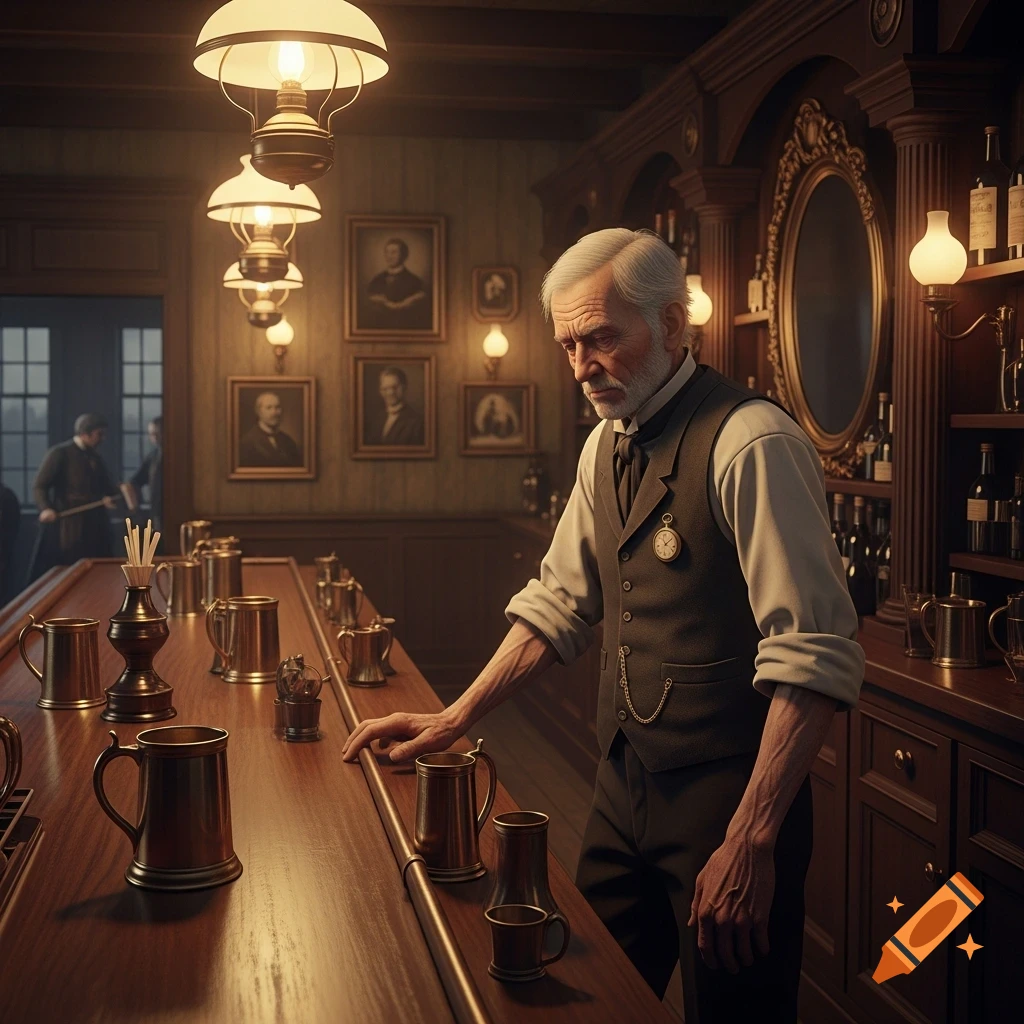 A photorealistic depiction of an old, white-haired bartender with a thin, veiny arm, looking down in a dimly lit 1800s bar with brass mugs.