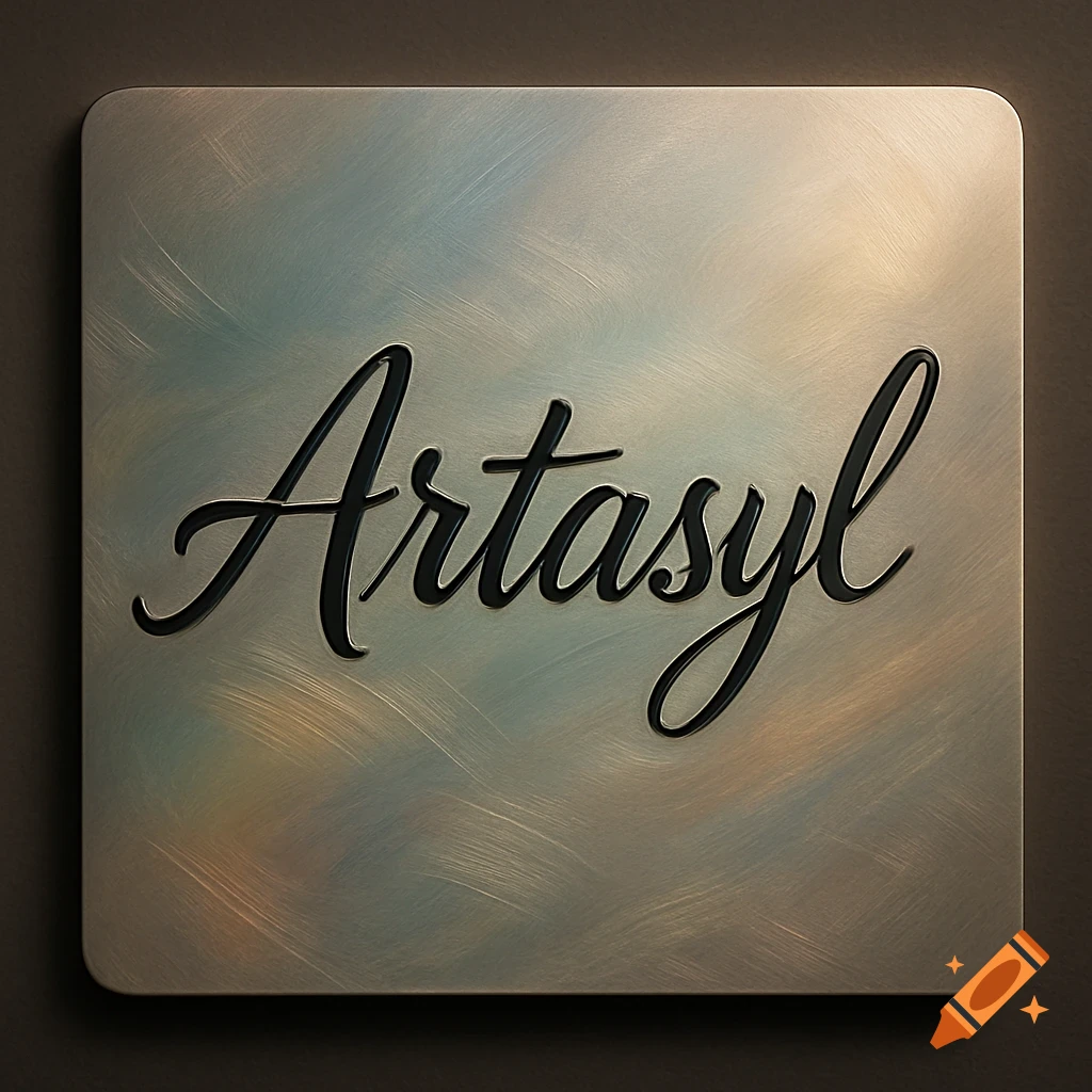 A close-up of a brushed metal square sign with rounded corners, featuring the word 'Artasyl' in black, elegant cursive script.
