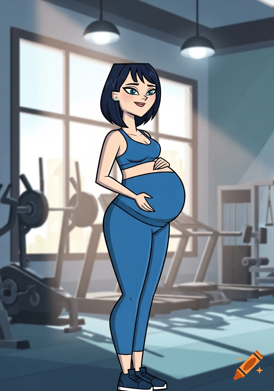 A cartoon pregnant woman in Total Drama Island style, wearing a blue sports bra and leggings, stands in a gym.