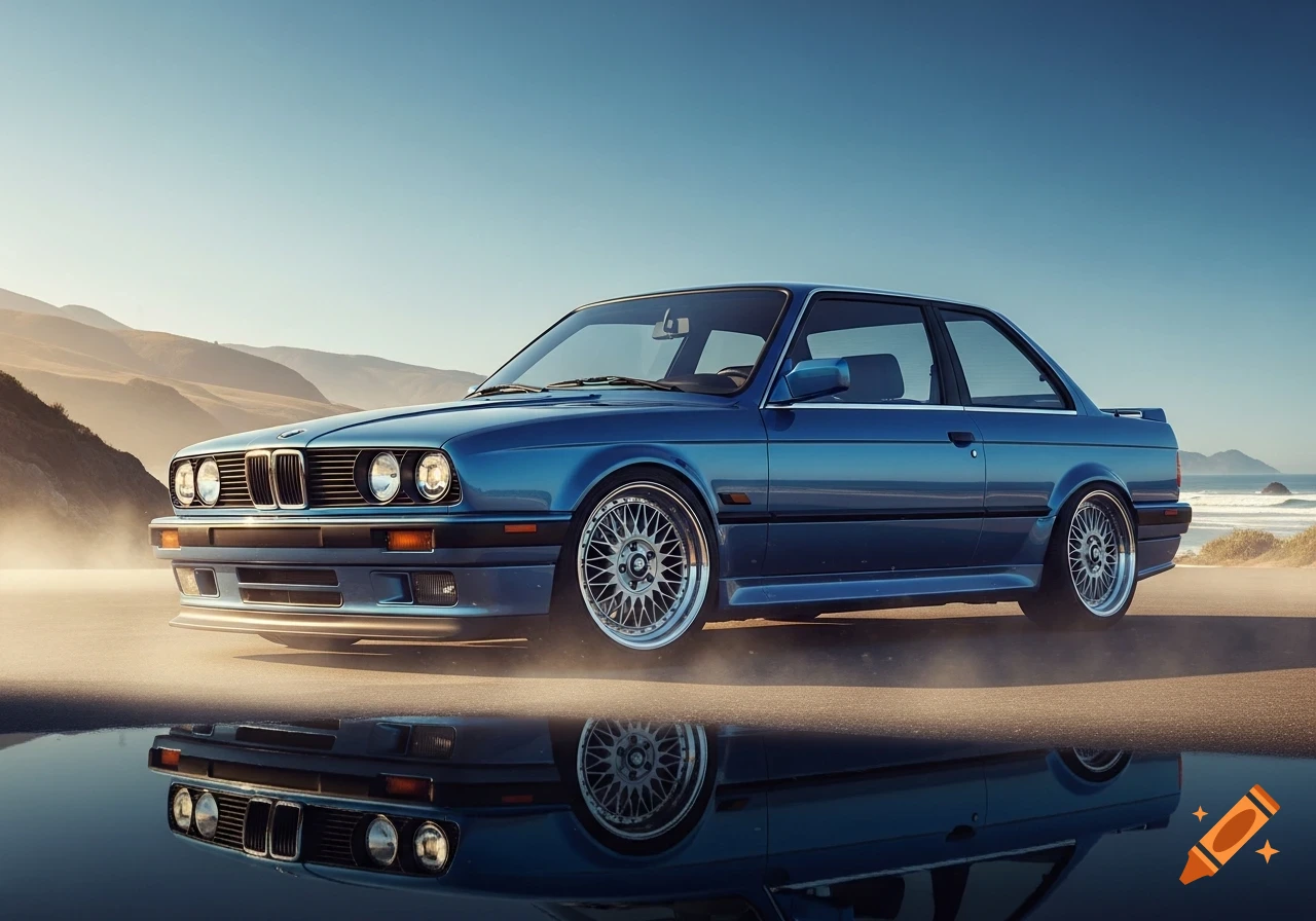 A blue BMW E30 coupe with multi-spoke wheels is parked on a wet, sandy surface, reflecting in the water, against a clear sky, distant mountains, and ocean waves.