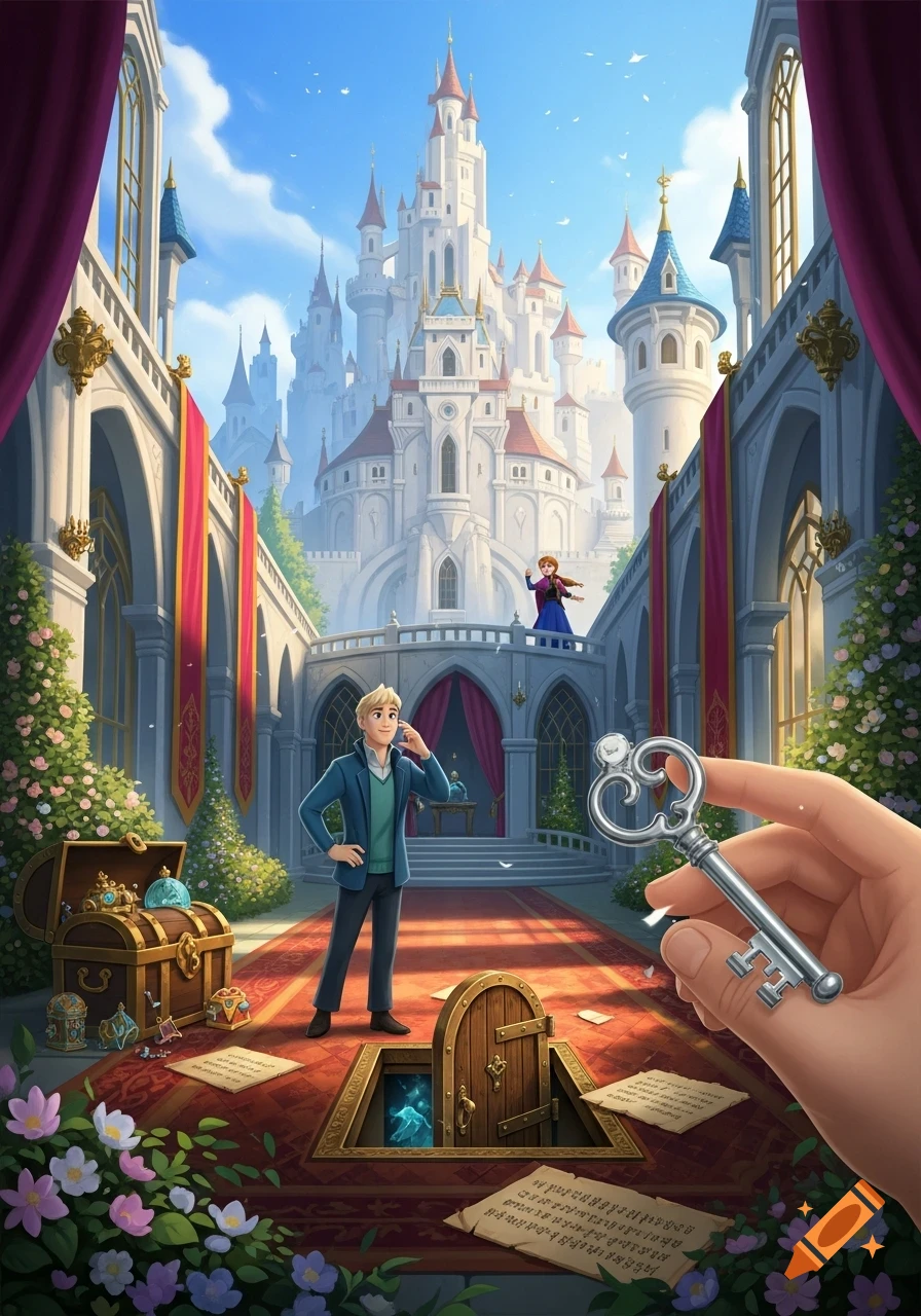Vibrant illustration of a man in a castle courtyard with a treasure chest, open trapdoor, and a hand holding a silver key. A woman stands on a distant balcony with a grand white castle backdrop.