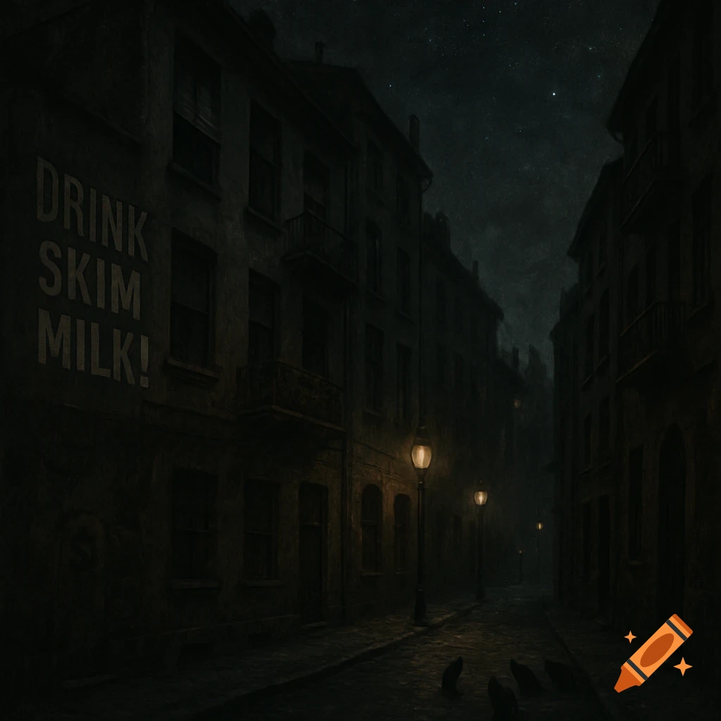 A dark, narrow cobblestone street lined with old buildings under a starry night sky. "DRINK SKIM MILK!" is painted on a building wall.