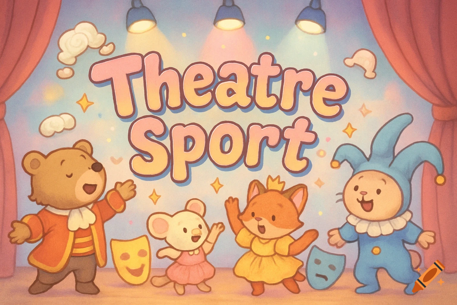 Cute cartoon animals, including a bear, mouse, fox, and rabbit, pose on a stage under spotlights with red curtains and the words 'Theatre Sport'.