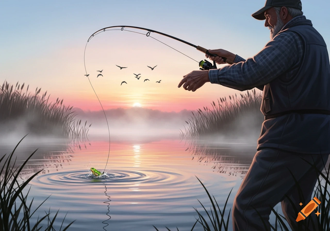 A man fishes with a frog lure on a misty lake at sunset, with birds flying in the distance.
