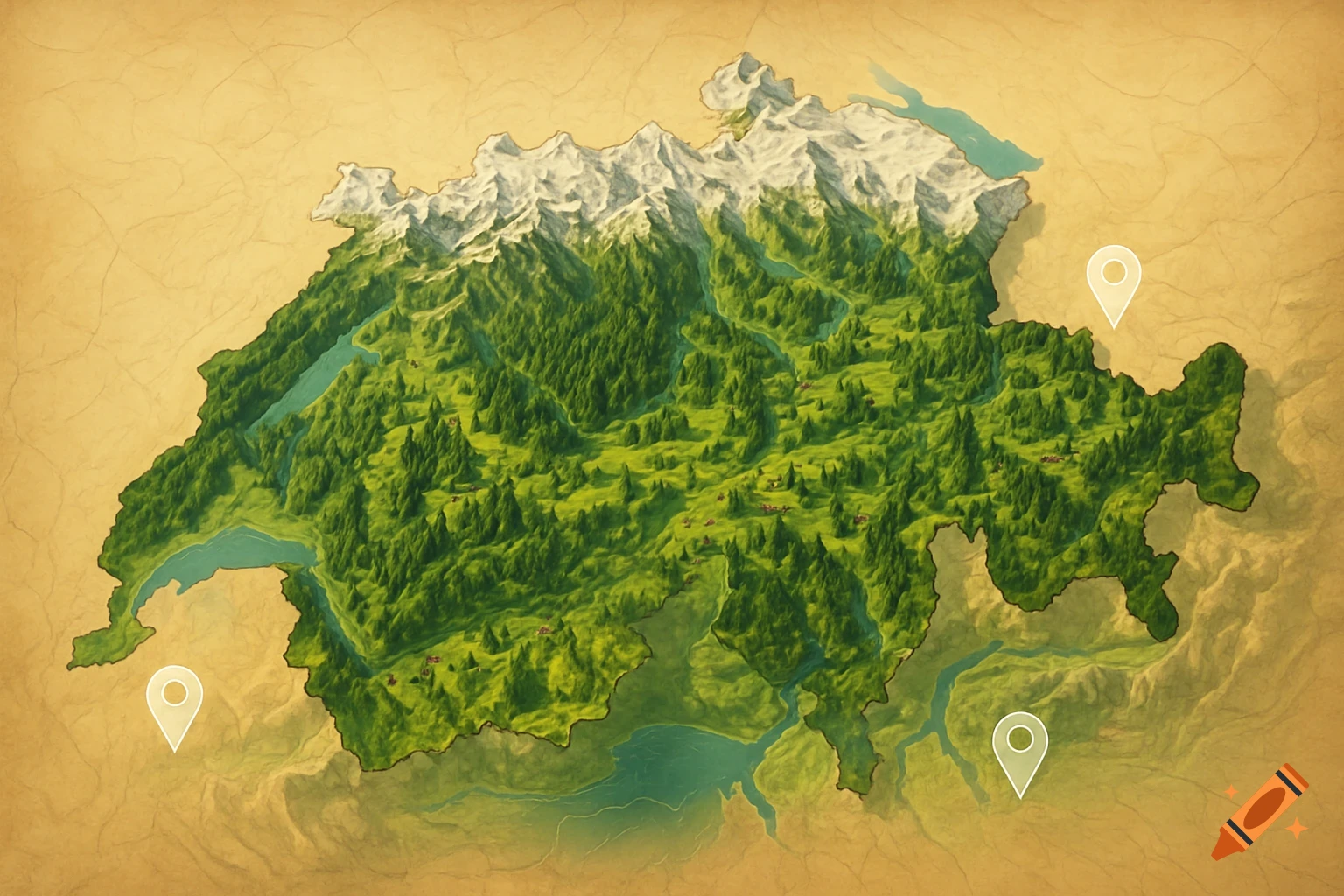 A stylized, topographic map of Switzerland showing snow-capped mountains, green forests, and blue lakes, with three location pins.