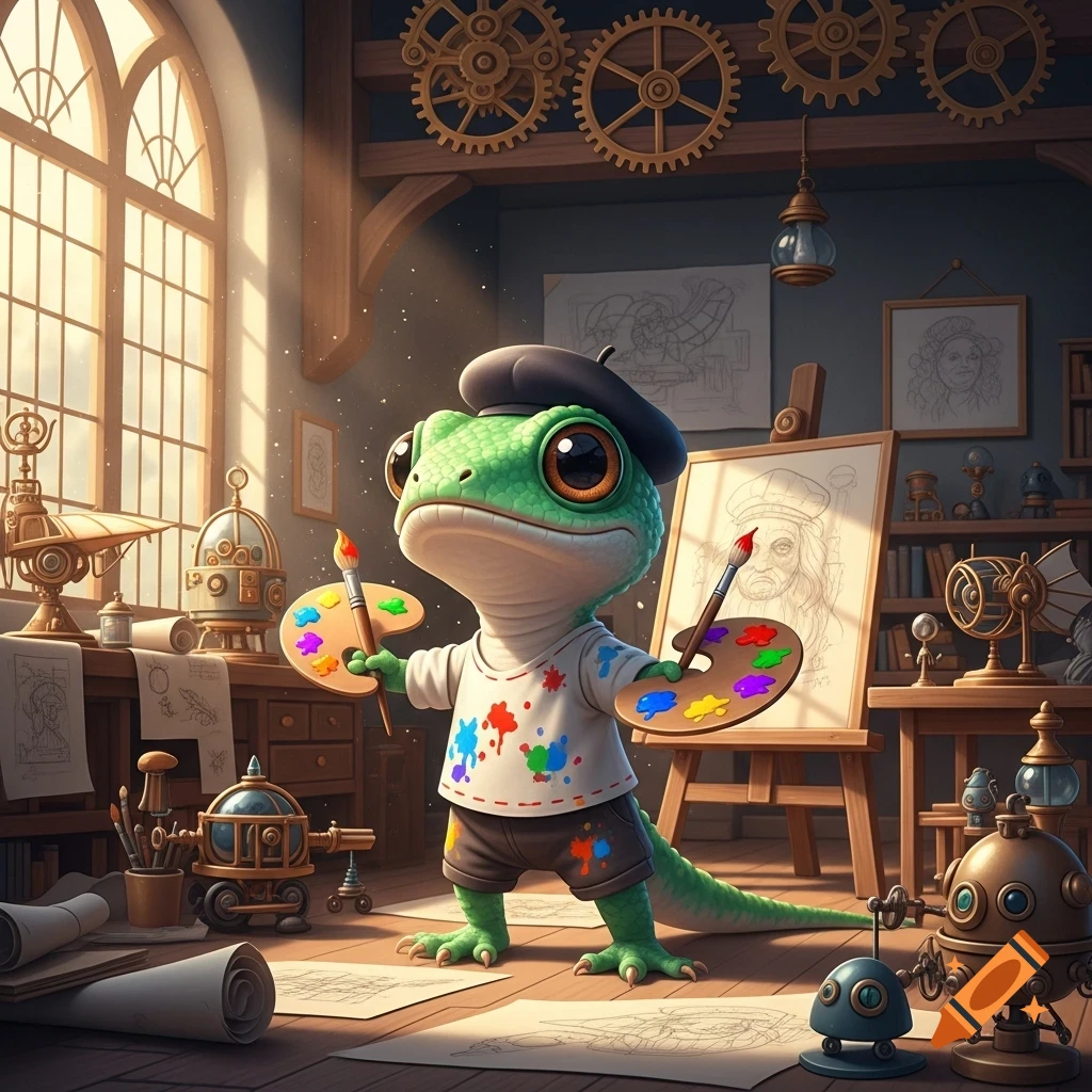 A cute, chibi green lizard artist wearing a beret and holding paint palettes and brushes, standing in a whimsical steampunk artist's studio.
