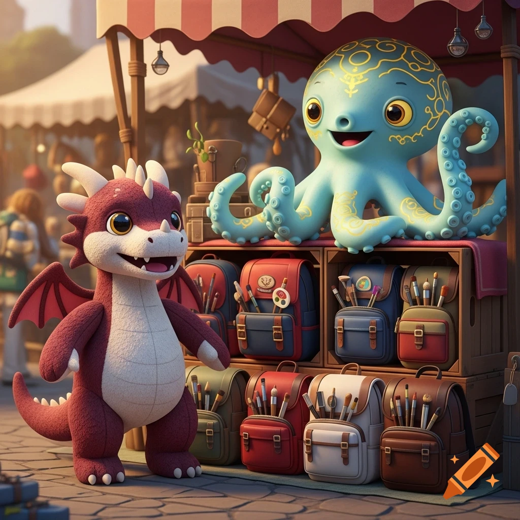 A cute red dragon plushie and a blue octopus plushie at a vibrant market stall filled with art supply backpacks.