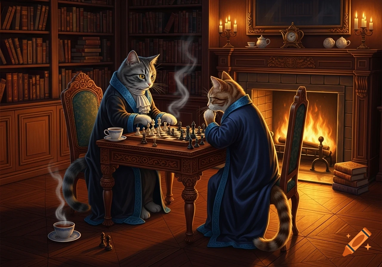 Two anthropomorphic cats in robes play chess in a cozy, detailed library with bookshelves and a warm fireplace.