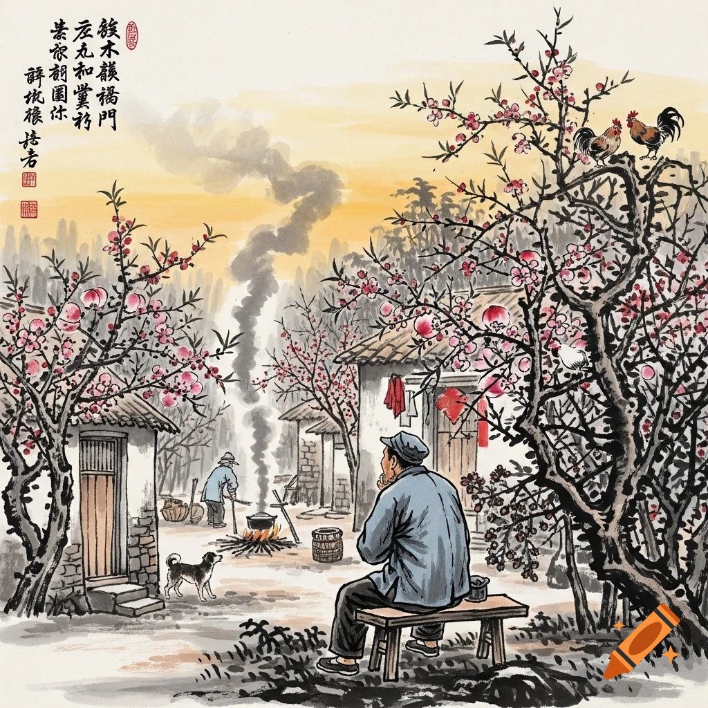 Traditional Chinese ink painting of a man watching a tranquil rural scene with blossoming trees, simple houses, cooking smoke, a dog, and roosters.