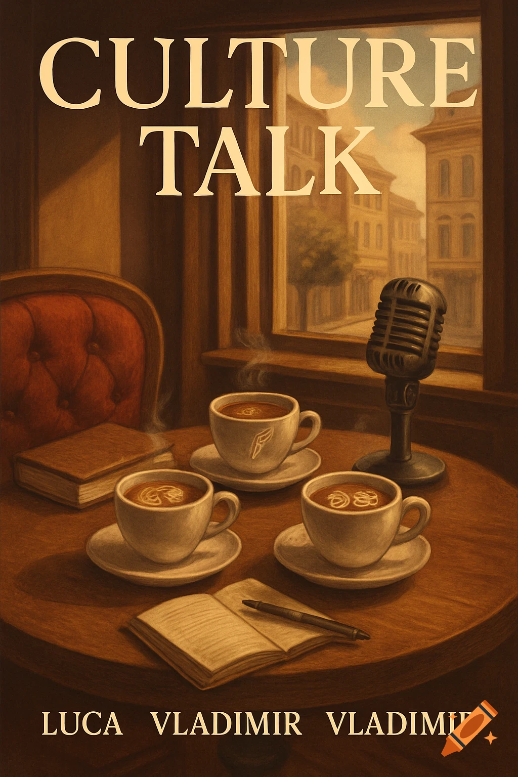 A stylized podcast cover titled "CULTURE TALK" featuring three cups of coffee, a microphone, and books on a wooden table in a coffee shop.