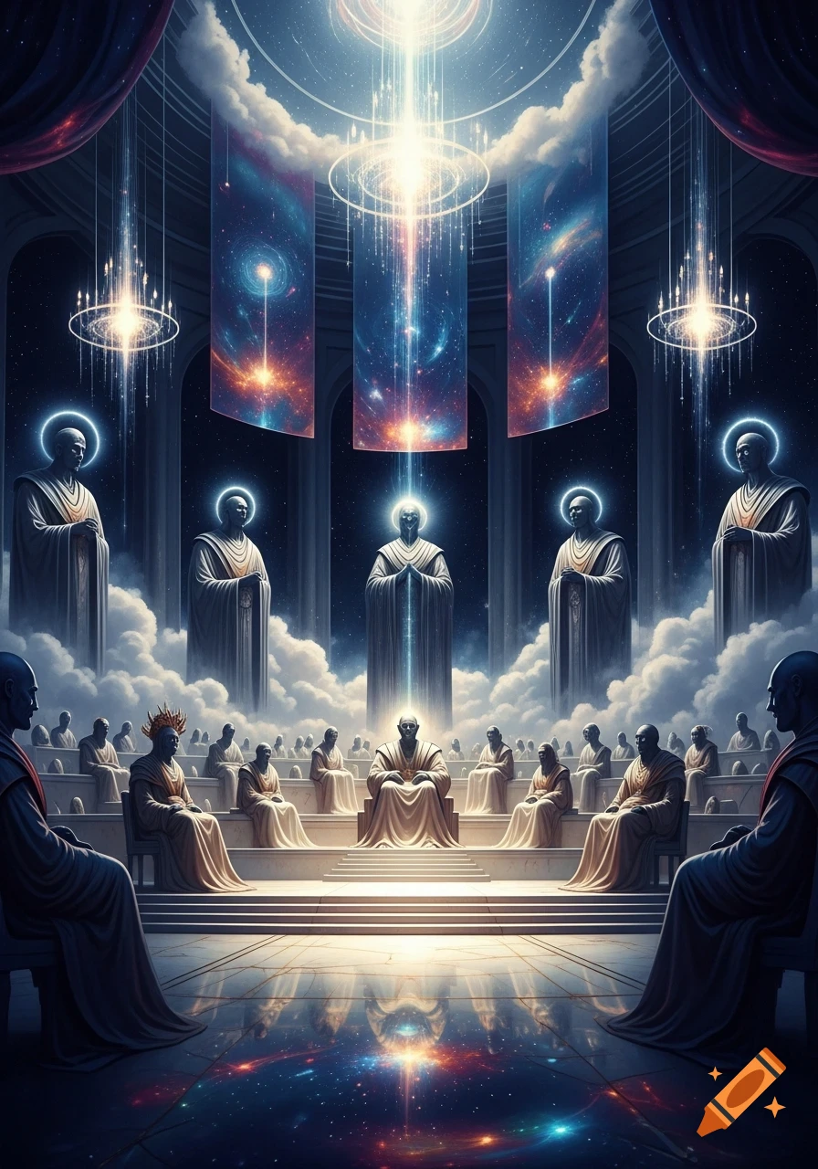 A grand celestial council of robed, glowing figures and statues seated in a chamber with cosmic banners, clouds, and a reflective starry floor.
