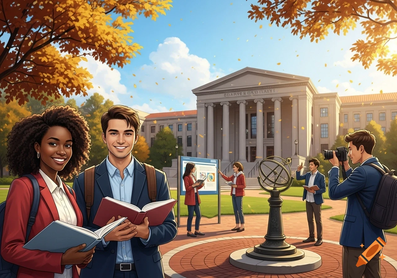 Diverse university students with books smile on an autumn campus; a grand building, other students presenting and photographing in the background.