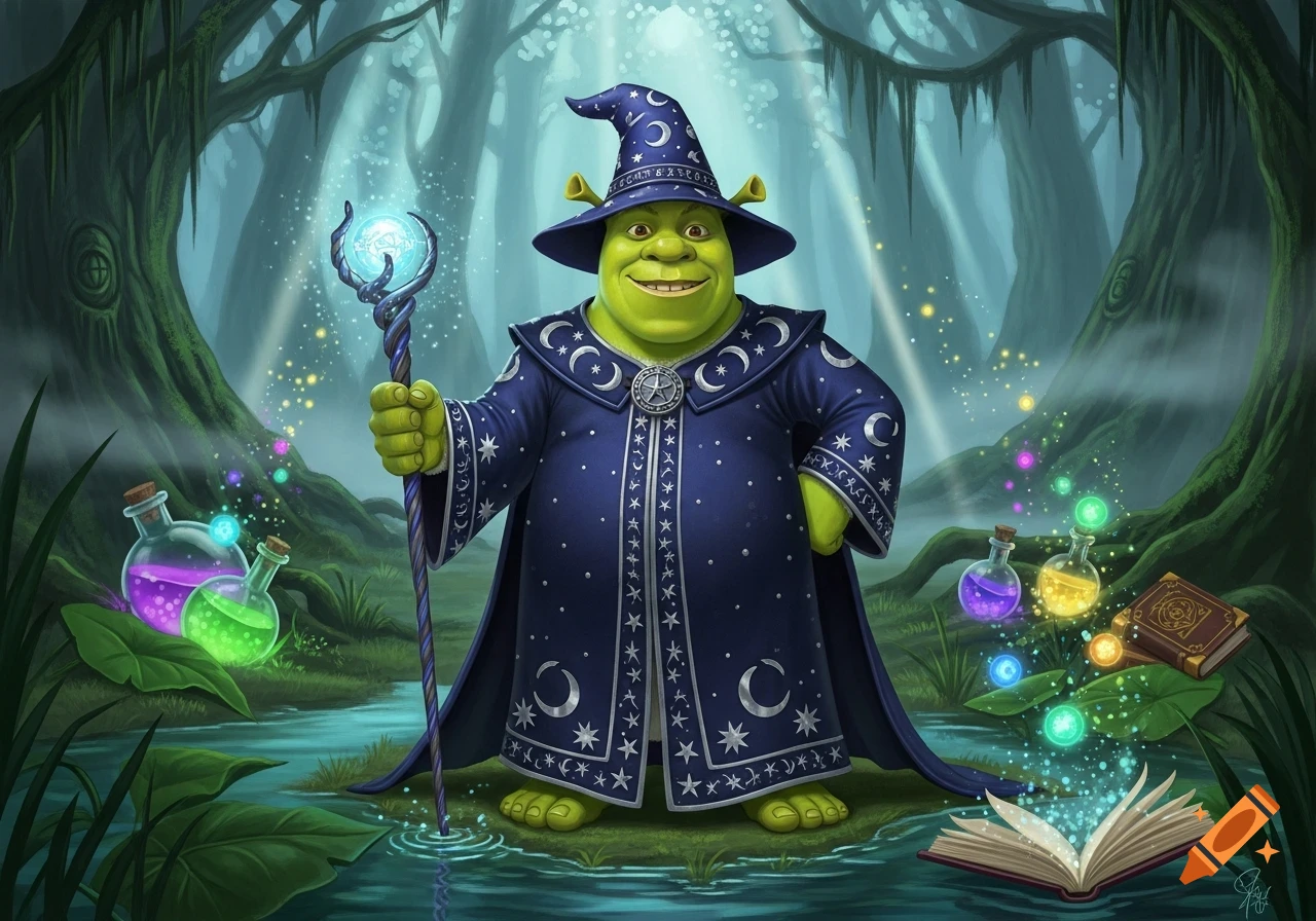 Shrek as a magician in a blue wizard's robe and hat, holding a glowing staff in an enchanted forest with potions and a magical book.