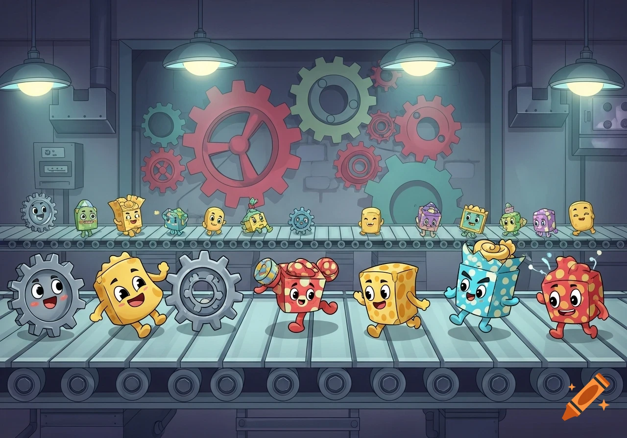 Cartoon characters, including various shaped blocks and gears with faces, move along a conveyor belt in a factory with large gears on the wall.