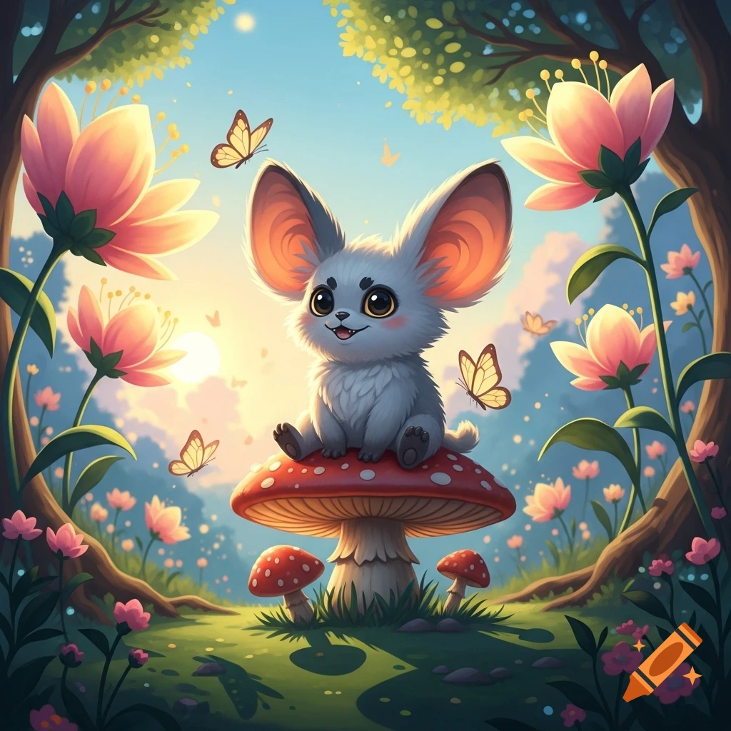 A cute, grey, large-eared creature with big eyes sits on a red mushroom in a whimsical, cartoon forest with pink flowers and butterflies at sunset.