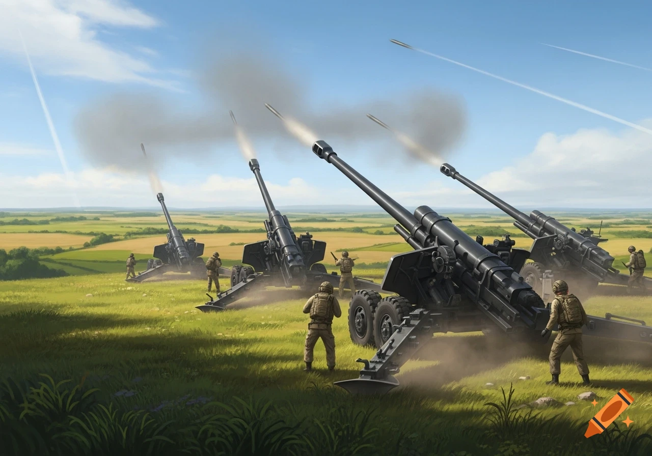 Multiple large artillery cannons fire a salvo in a vast green field under a blue sky, with soldiers standing nearby, in a painted style.