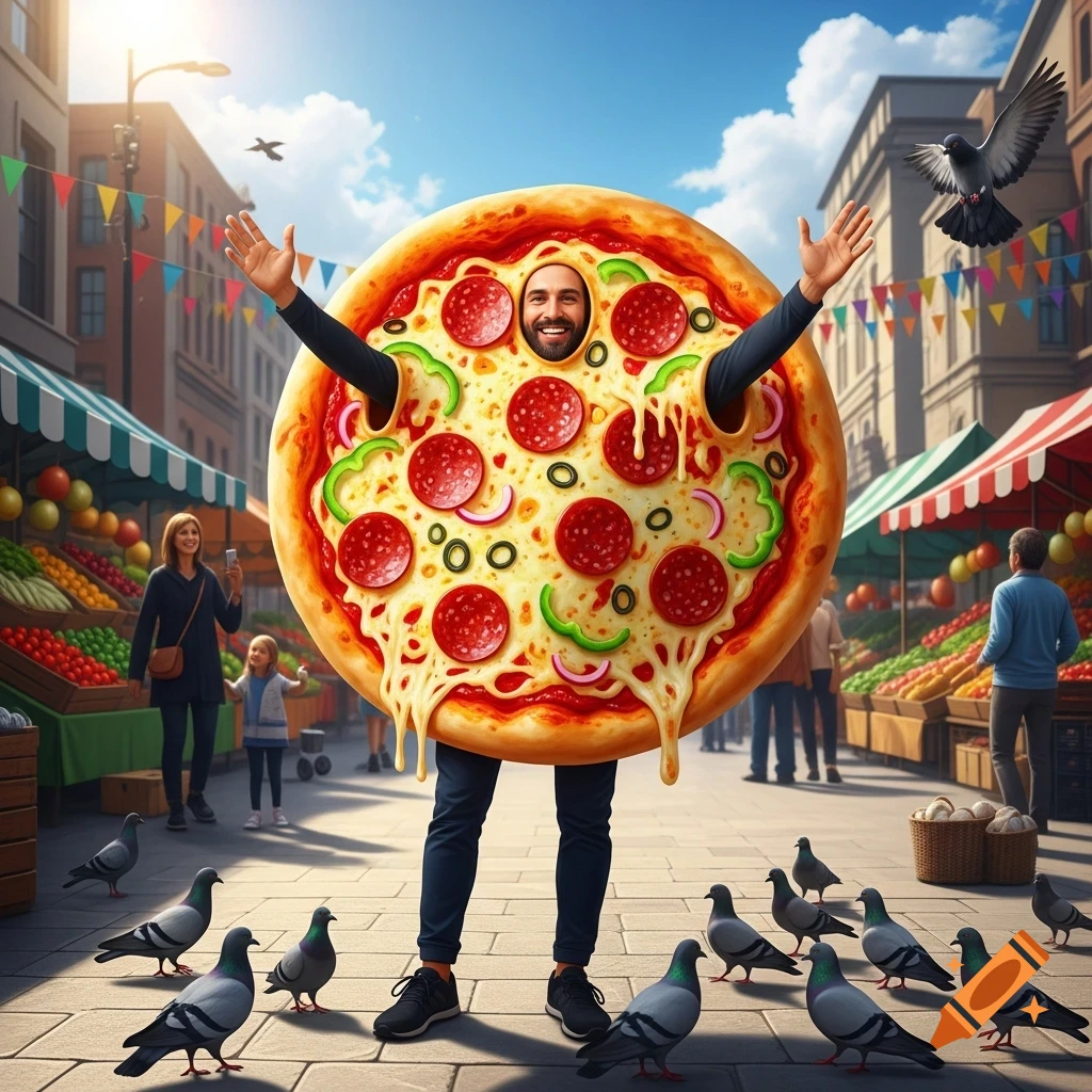 A man in a large, round pizza costume with pepperoni and green peppers stands in a bustling outdoor market, arms outstretched, surrounded by pigeons.