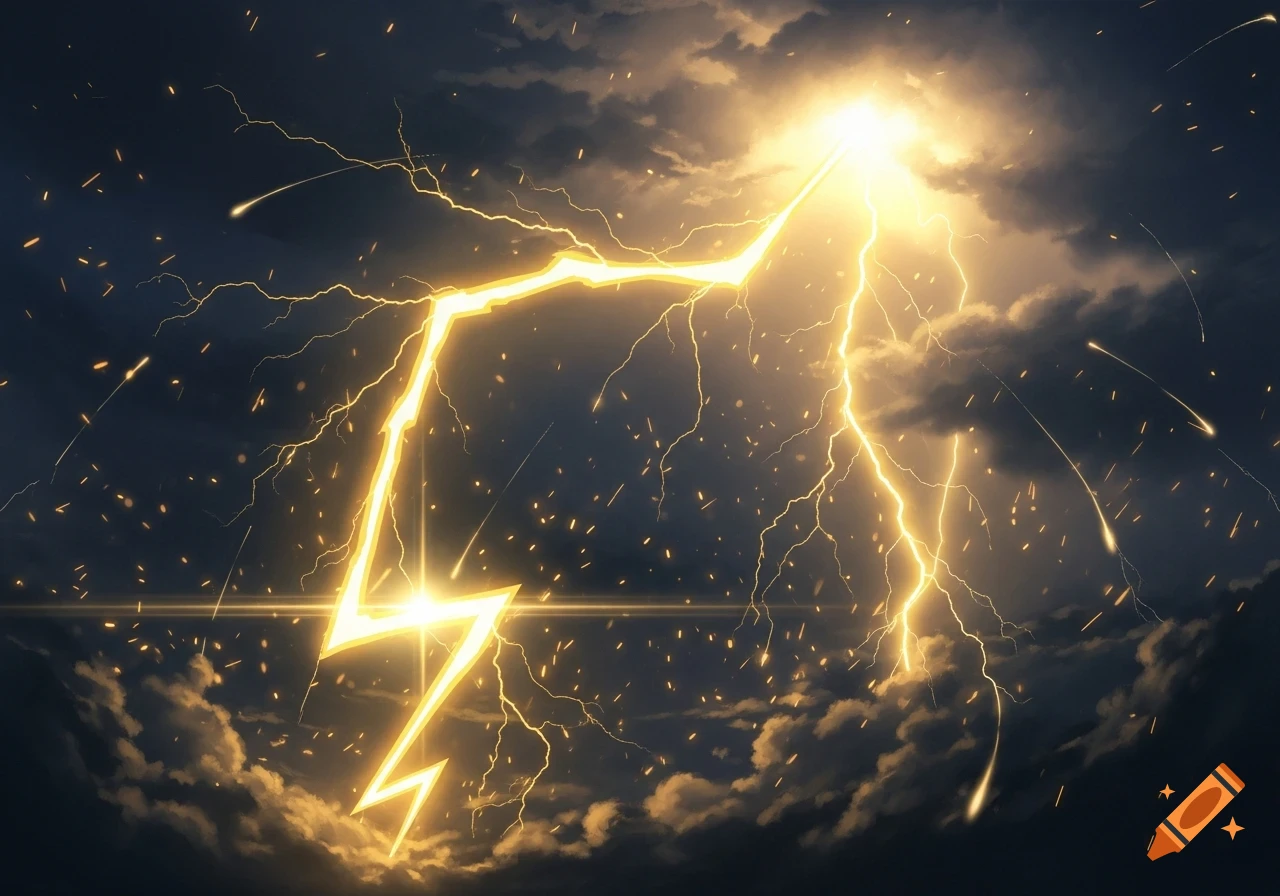 A dramatic anime-style illustration of multiple yellow-gold lightning bolts striking down through dark, stormy clouds with glowing particles.