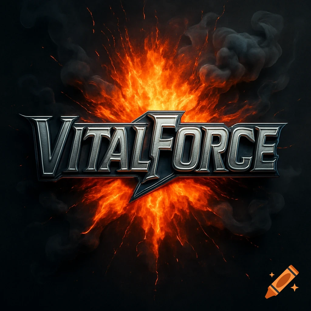 3D metallic 'VitalForce' logo set against a dynamic orange explosion with black smoke.
