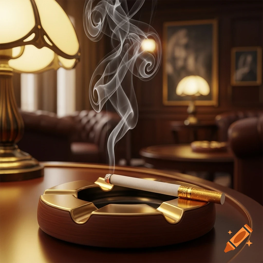 A lit cigarette rests in a gold and wood ashtray on a polished wooden table in a dimly lit, luxurious room, with smoke curling upwards.