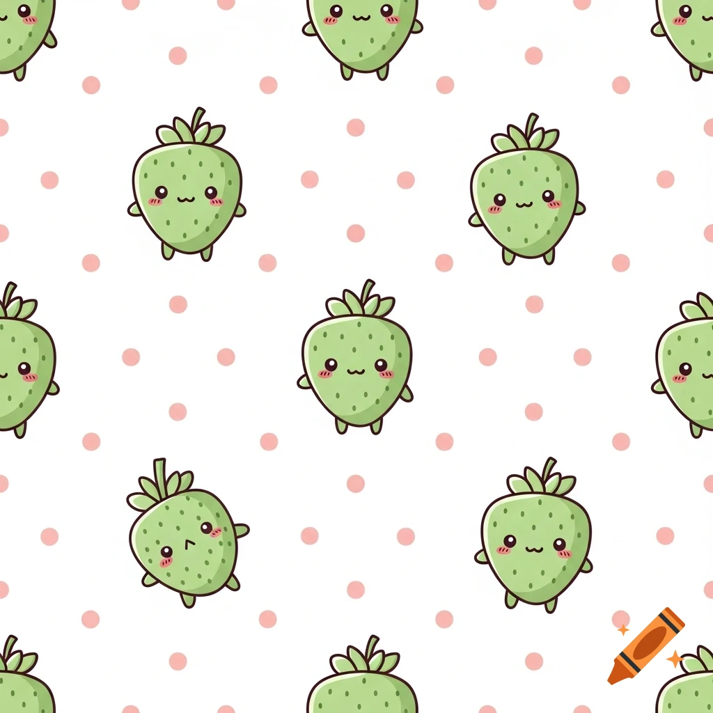 Seamless pattern of cute pastel green kawaii strawberries with tiny limbs and simple faces, interspersed with small pastel pink dots on a white background.