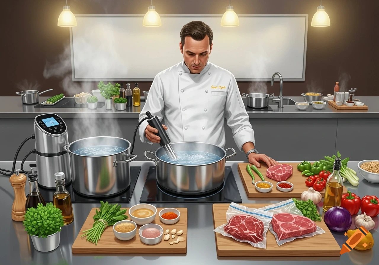 A male chef in a professional kitchen uses a sous vide immersion circulator to cook meat, surrounded by fresh ingredients.
