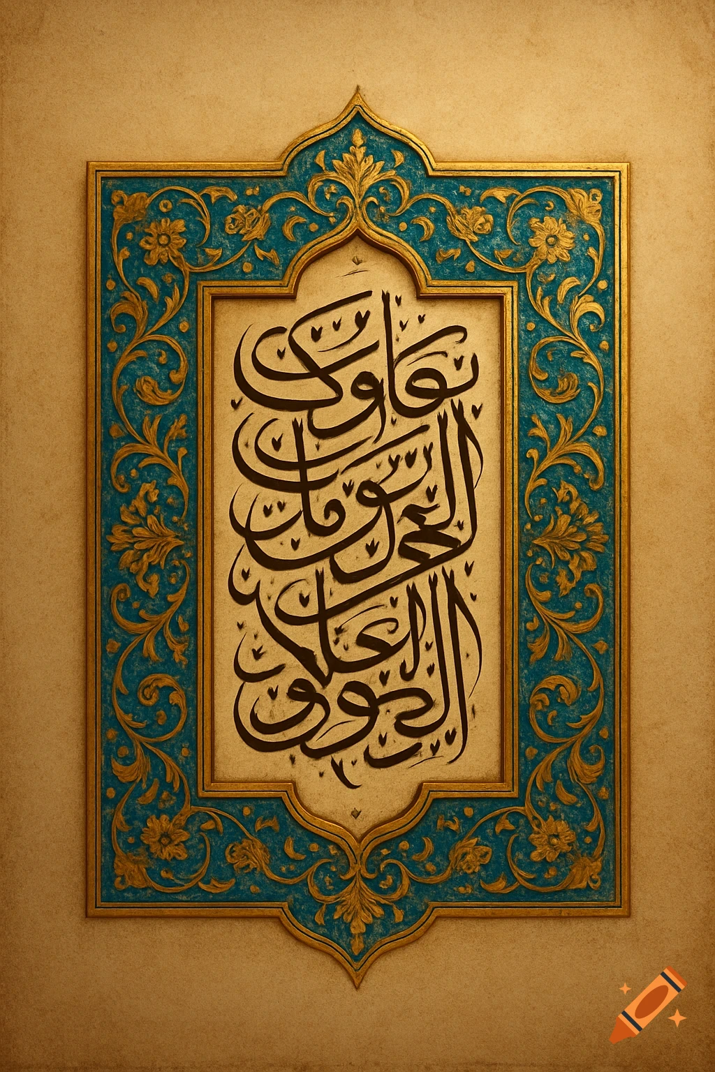 Ornate Arabic calligraphy with flowing dark script, set within a gold and teal decorative frame, on a textured beige background.