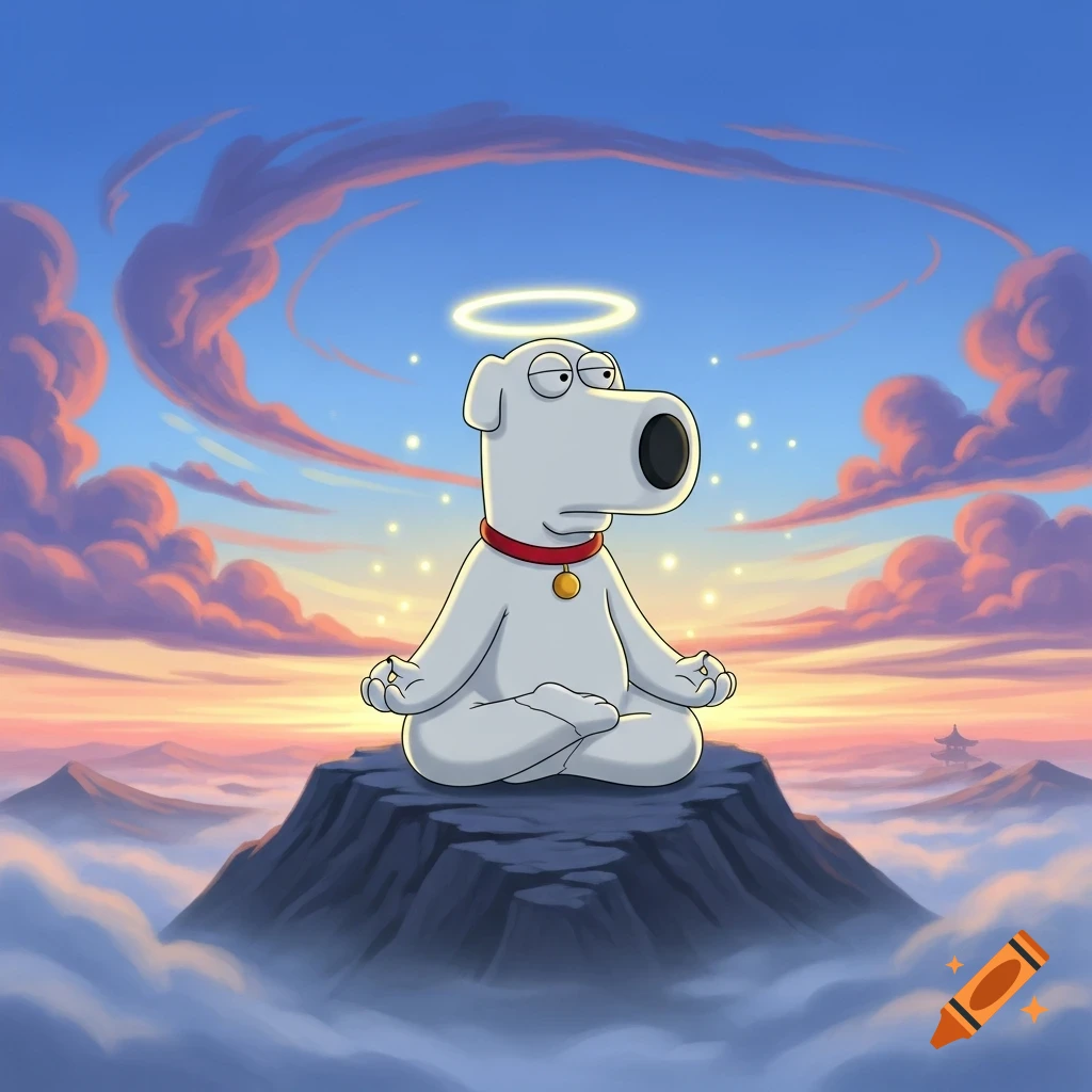 Cartoon white dog Brian Griffin meditating on a mountain peak surrounded by clouds under a pastel sky.