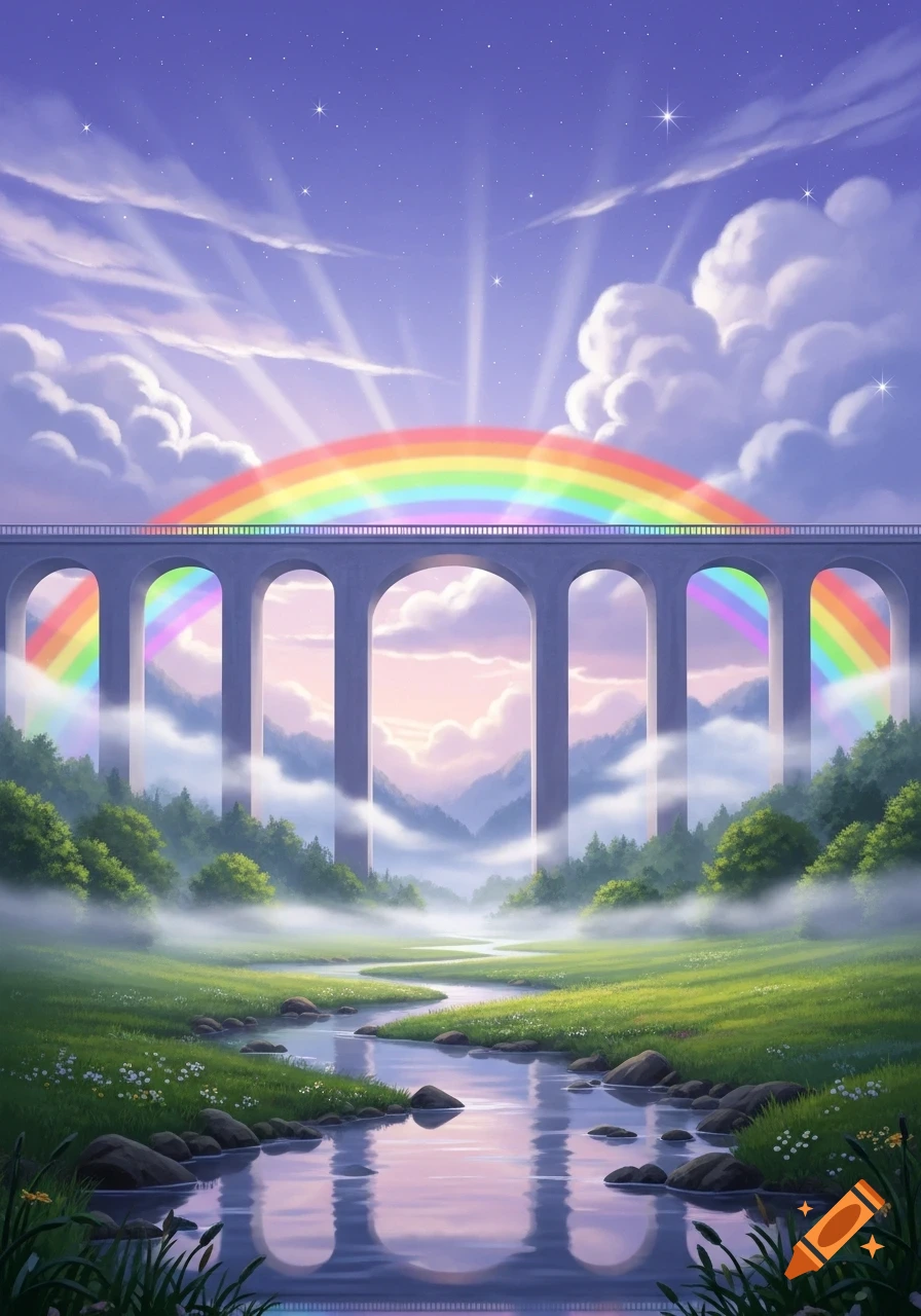 A rainbow arcs over a stone viaduct bridge spanning a misty green valley with a winding river under a starry, cloudy purple sky.