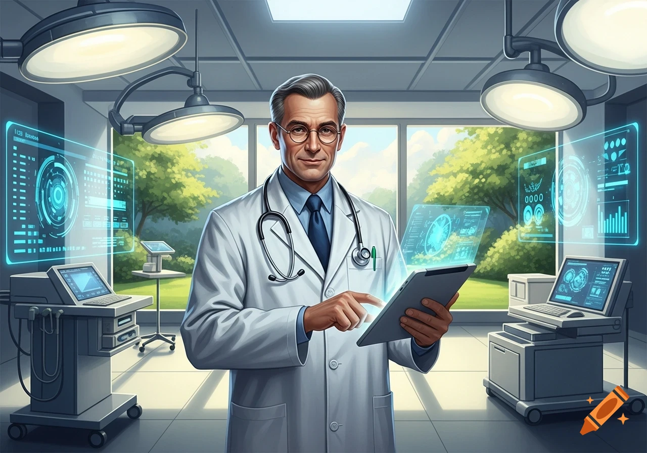 A distinguished male doctor in a white lab coat and stethoscope uses a glowing tablet with holographic displays in a futuristic medical room.