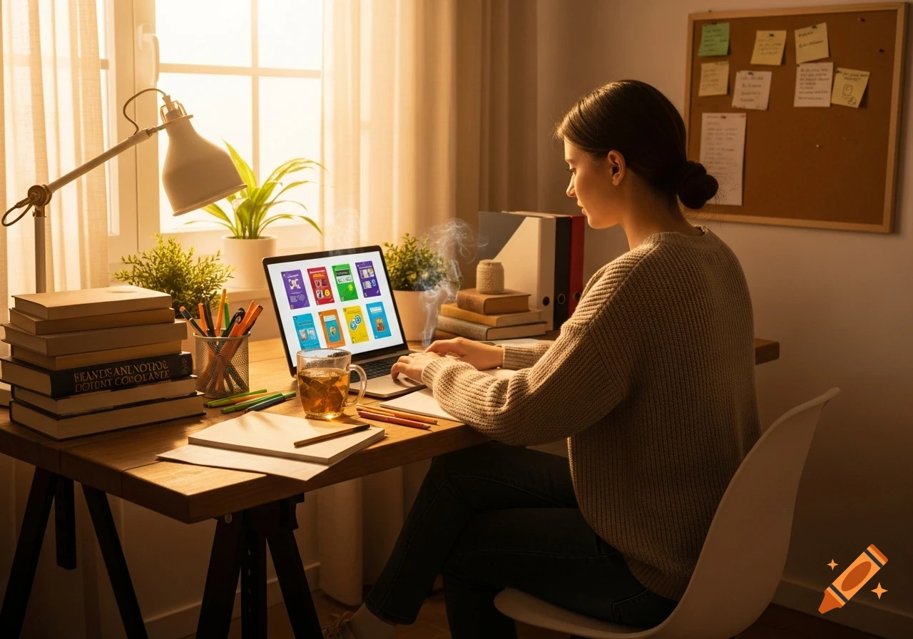 A student works at a sunlit desk with a laptop displaying various book covers, surrounded by books and study materials.