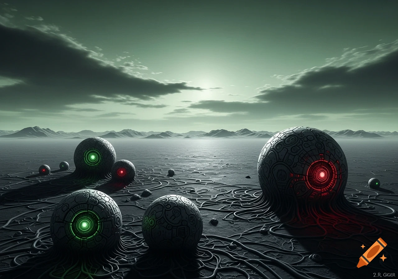 Desolate alien landscape with ornate, biomechanical spheres featuring glowing green and red cores, connected by tendrils, under a cloudy greenish sky.