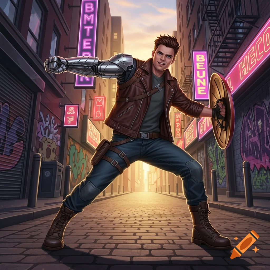 A male character in a brown leather jacket and jeans with a metallic prosthetic arm and a shield, posing on an urban street at sunset, comic book art.