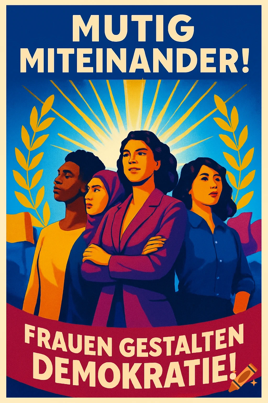 Stylized poster shows diverse women beneath a sunburst and olive branches. Text: 'Mutig Miteinander! Frauen Gestalten Demokratie!' (Brave Together! Women Shape Democracy!)