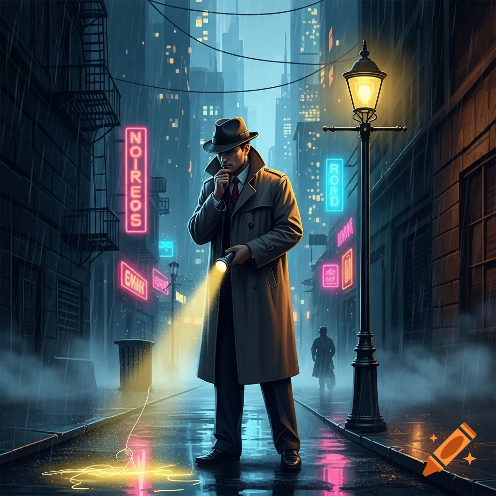 A detective in a trench coat and fedora holds a flashlight, standing in a rainy, neon-lit city street at night with skyscrapers in the background.