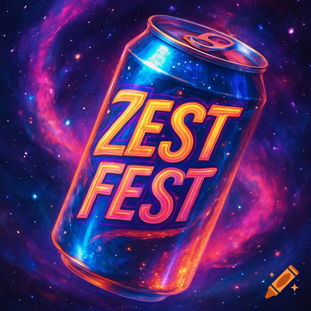 A vibrant blue and pink soda can labeled 'ZEST FEST' floats against a swirling, star-filled galaxy background.