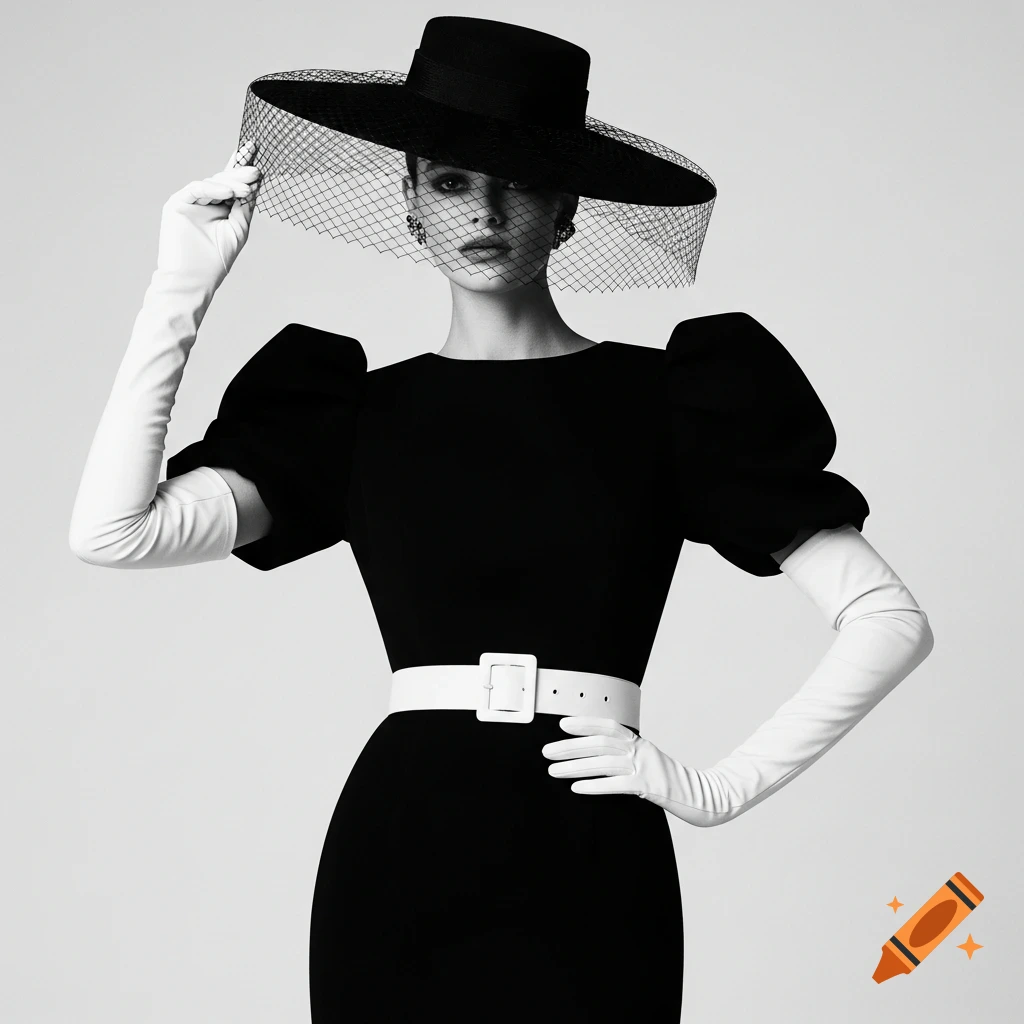 A black and white photograph of a fashion model in a wide-brimmed black hat with a veil, black dress with puffed sleeves, white belt, and long white gloves, standing confidently.