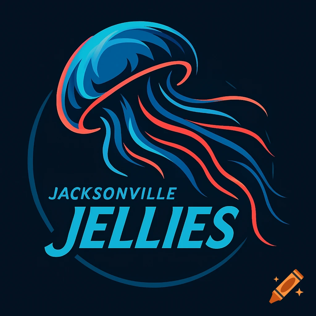 A vibrant logo featuring a stylized blue and red jellyfish above the text 'JACKSONVILLE JELLIES' within a circular design on a dark background.