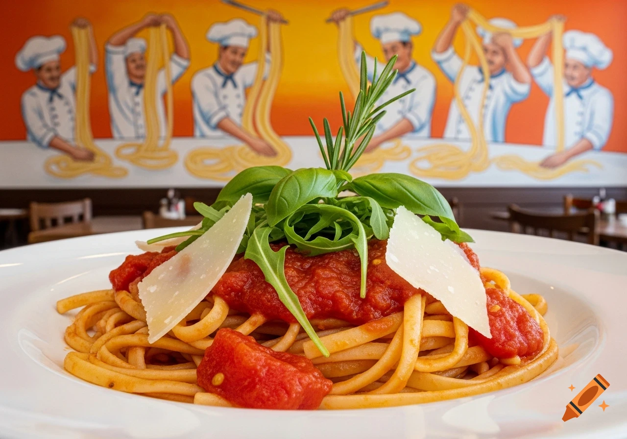 A close-up of a plate of spaghetti with tomato sauce, basil, rosemary, and parmesan cheese in a restaurant setting with a blurred mural of chefs in the background.
