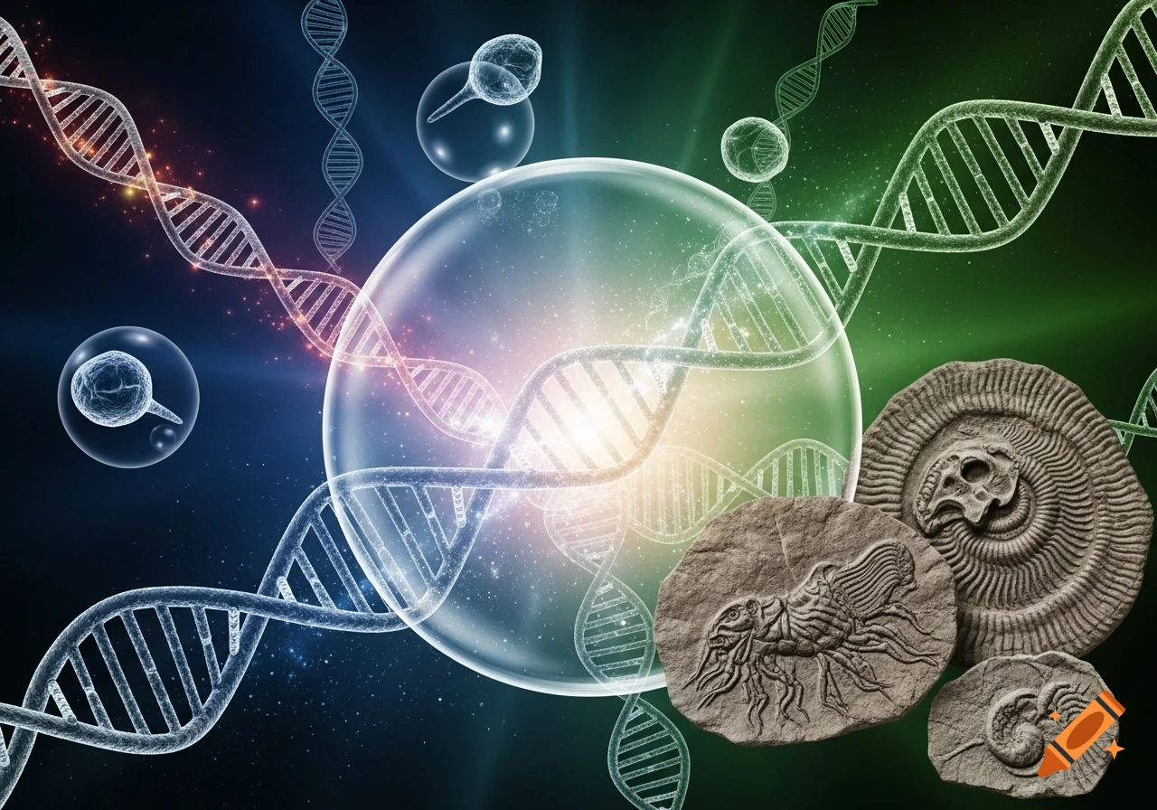 Vibrant abstract science image with glowing DNA helices, cellular structures, and detailed ancient fossils on a dark, colorful background.