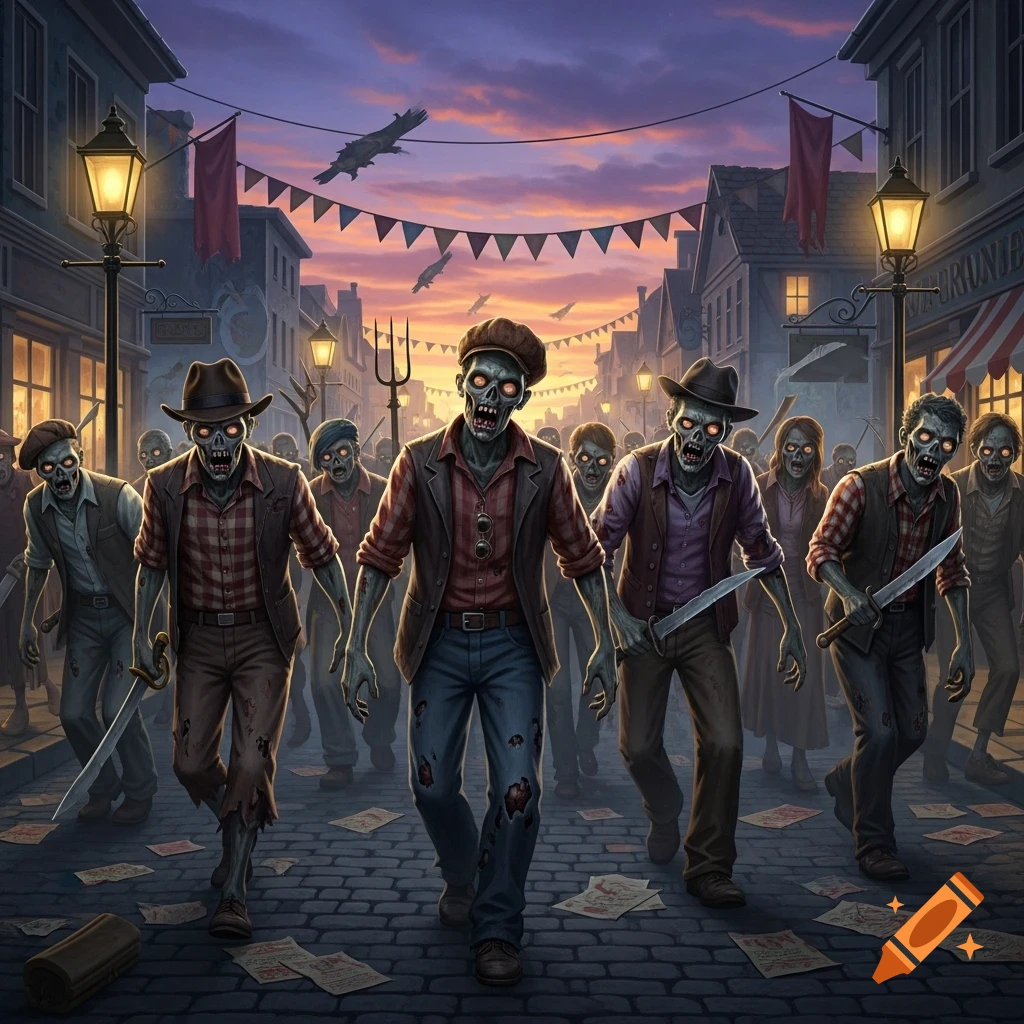 An army of stylized zombies in rustic clothing, holding swords, knives, and pitchforks, invades a cobblestone town street at dusk.