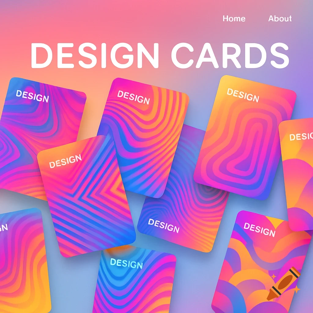 Vibrant abstract design cards with 'DESIGN' text, scattered on a pastel gradient background, featuring a 'DESIGN CARDS' header.